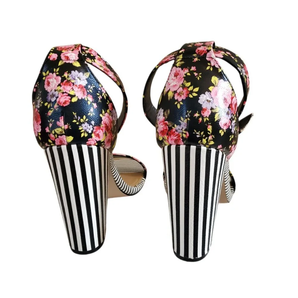 FLORAL AND STRIPES OPEN TOE HEELS SIZE 11
